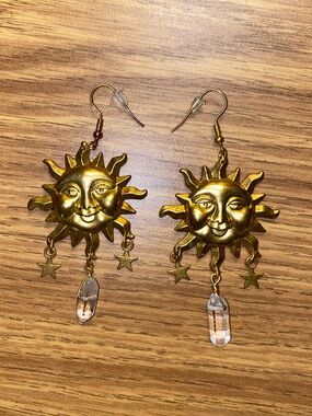 Gold Sun Face Dangle Earrings with Crystal Drops